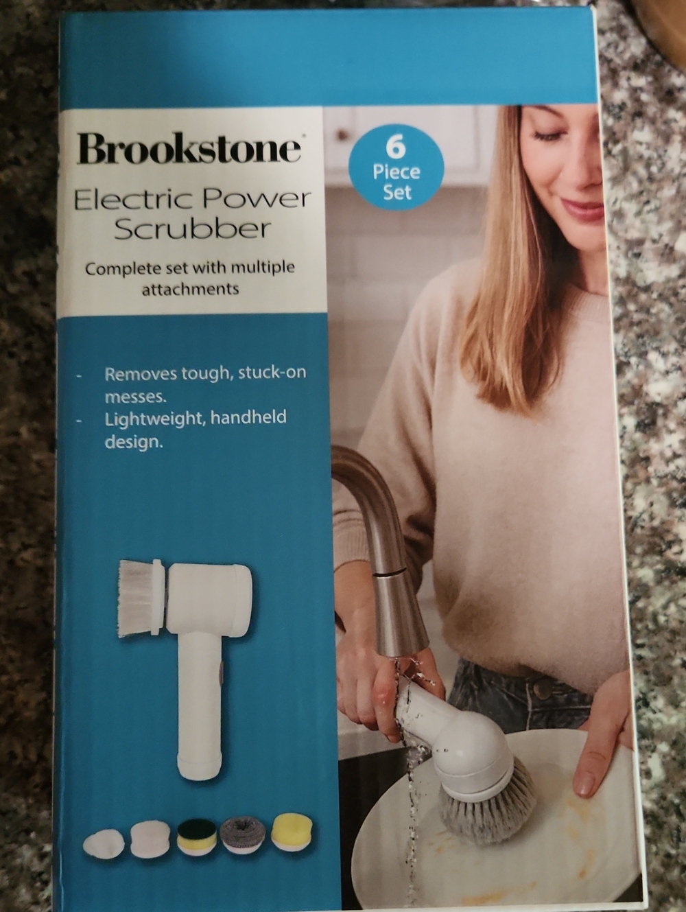 Brookstone White and Blue Electric Power Scrubber Six-Piece Set